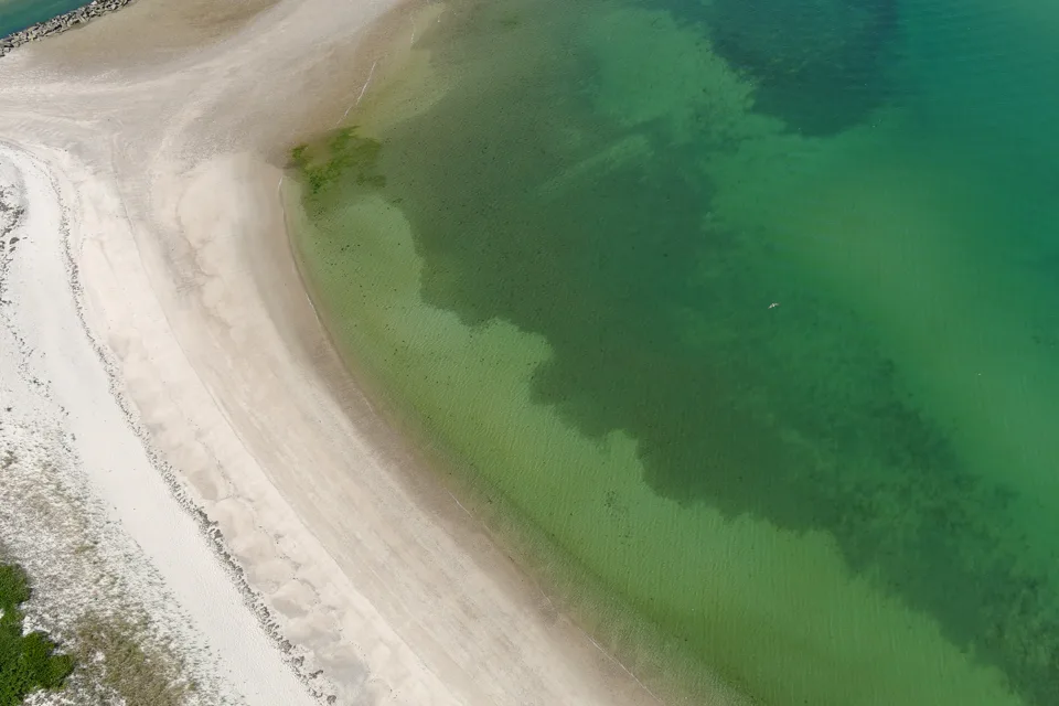 Translucent green shallows and the pale curve of a sandy shoreline